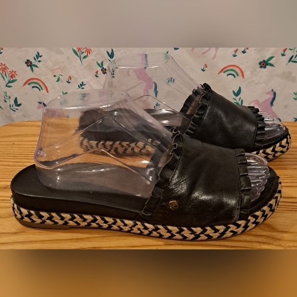 EUC Kate Spade Zahara Black Leather & Jute Ruffle Boho Slide Sandal Shoe SZ 8.5M - Picture 3 of 9